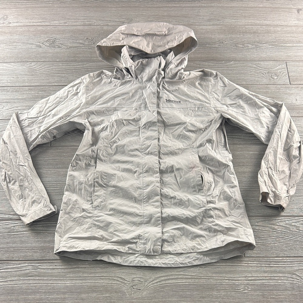 Marmot Womens PreCip Rain Jacket Grey Hooded Windbreaker Full Zip Size Medium